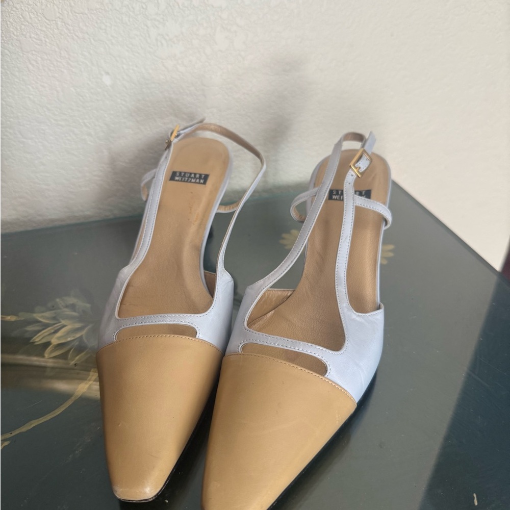 Vintage 90s Staurt Weitzman Beige and Blue Women's Slingback Heels